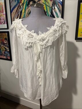 Le Marais Paris White 3/4 Sleeve Blouse with Romantic Embellishments XL